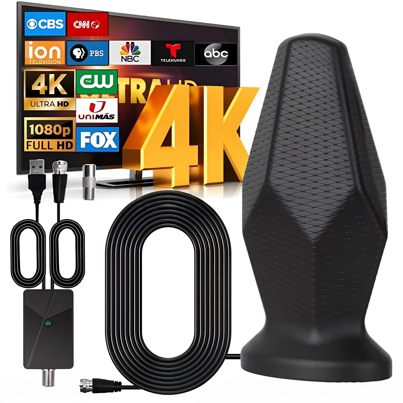 Універсальна FullHD 4К кімнатна ТВ антена для HDTV, DVB-T/T2, ISDB-T, ATSC з посиленням 36 дБ та USB-живленням
