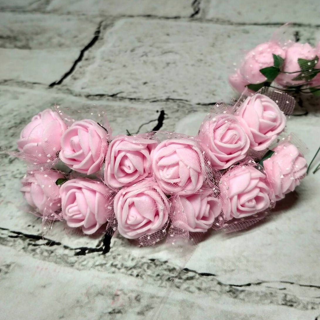 Штучні квіти для декору троянди з фатіном з фоамірану латексні 12 шт 2 см Світло-рожеві 4302-8