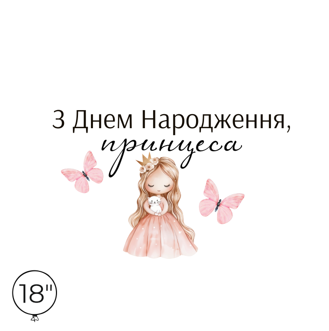 Наліпка на кулю 18" - З Днем Народження, принцеса