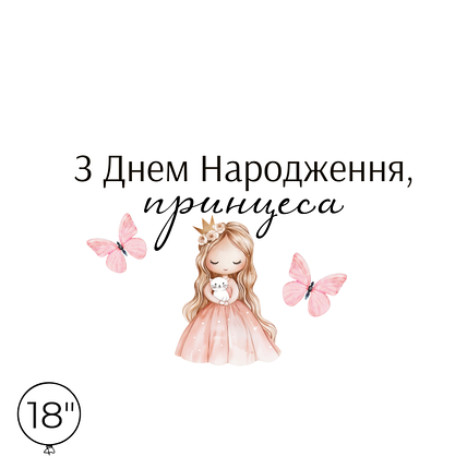 Наліпка на кулю 18" - З Днем Народження, принцеса, фото 1