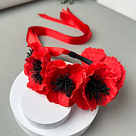 Обруч із червоними маками із фоамірану зі стрічками, 100% ручна робота