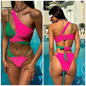 Жіночий роздільний малиново-зелений шикарний купальник