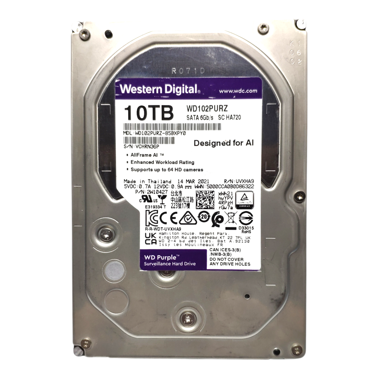 Жорсткий диск HDD 10TB 7200rpm 256MB 3.5 SATA III WD Purple WD102PURZ для відеоспостереження