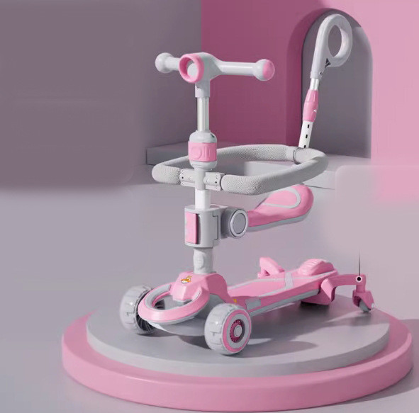 Дитячий самокат-трансформер CITY LINE Baby Care 388 з батьківською ручкою рожевий для дівчинки