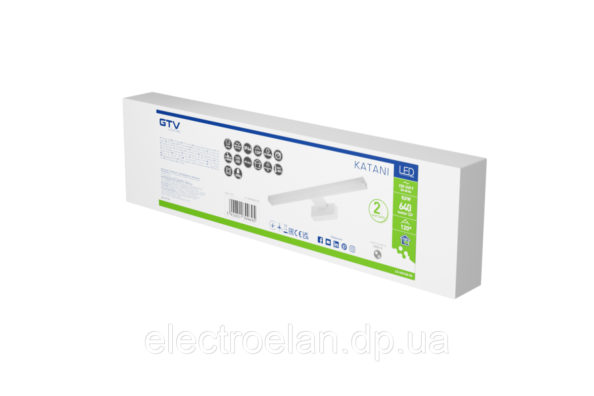 Світильник настінний GTV Katani 400 мм, 8W, 4000 К, IP44, білий (LD-KAT400-00)