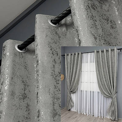 Комплект (2шт. 1,5х2,5м.) штор на люверсах, льон мармур, "Pavliani". Колір сірий. Код 1665ш 37-0181