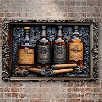 Красивая 3D металлическая картина Виски и сигара декор барной стойки, дома. Оригинальній подарок мужчине.