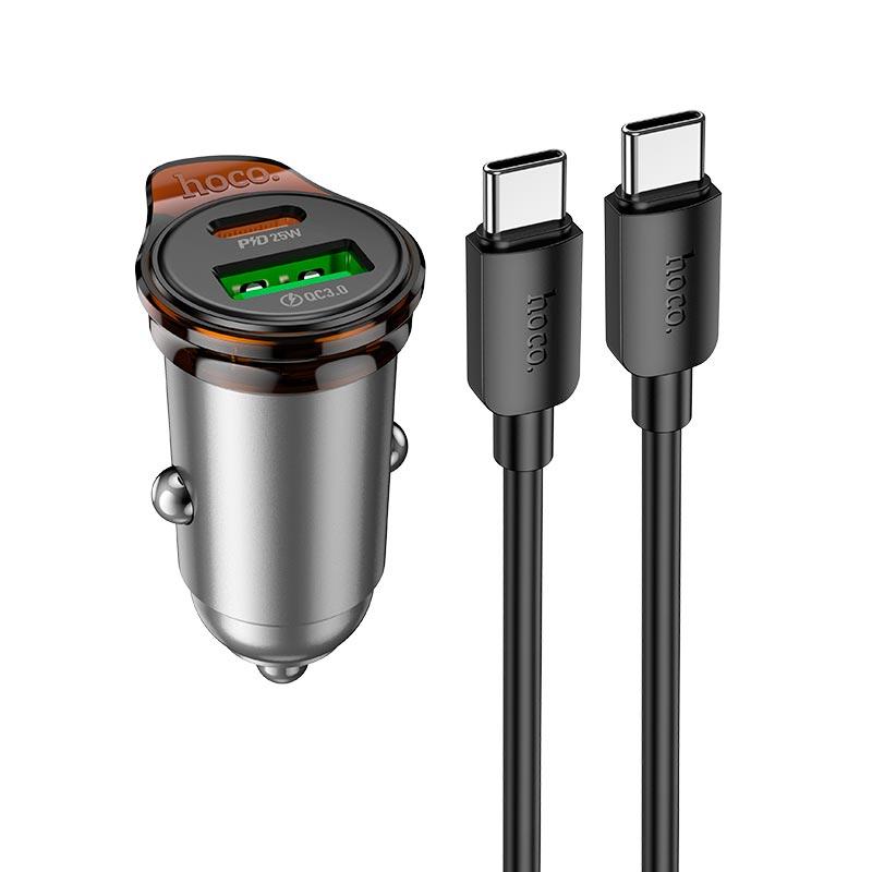 Адаптер автомобільний Hoco Rigorous dual port Car charger NZ16A (Type-C to Type-C set) |1USB/1Type-C, 43W/3A, PD25W/QC| сірий