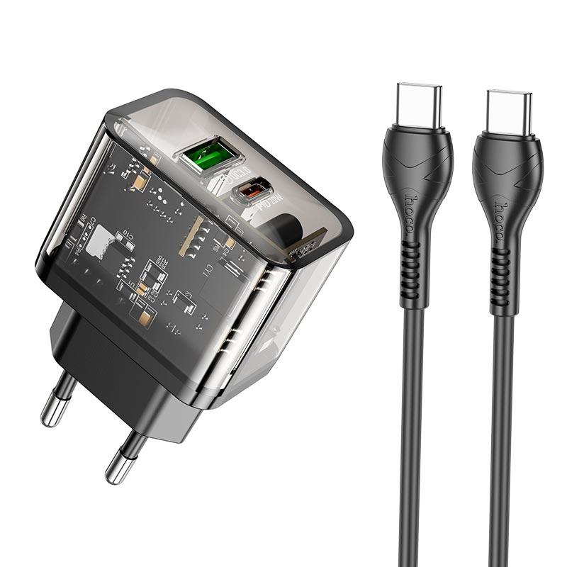 Адаптер мережевий HOCO Type-C to Type-C cable dazzling dual-port N34 |1USB/1Type-C, 20W/3A, PD/QC| чорний