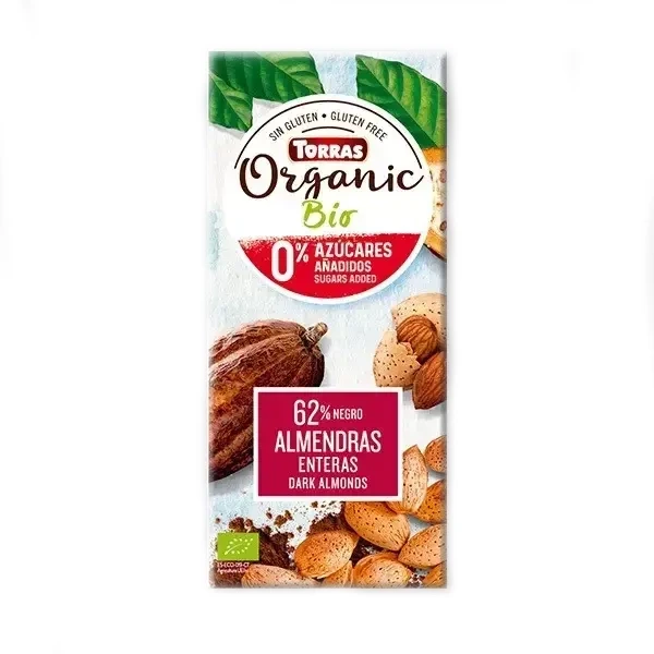 Шоколад Чорний Torras 62% Negro Almendras Organic Bio з цілісним мигдалем без цукру та глютена 150 г Іспанія