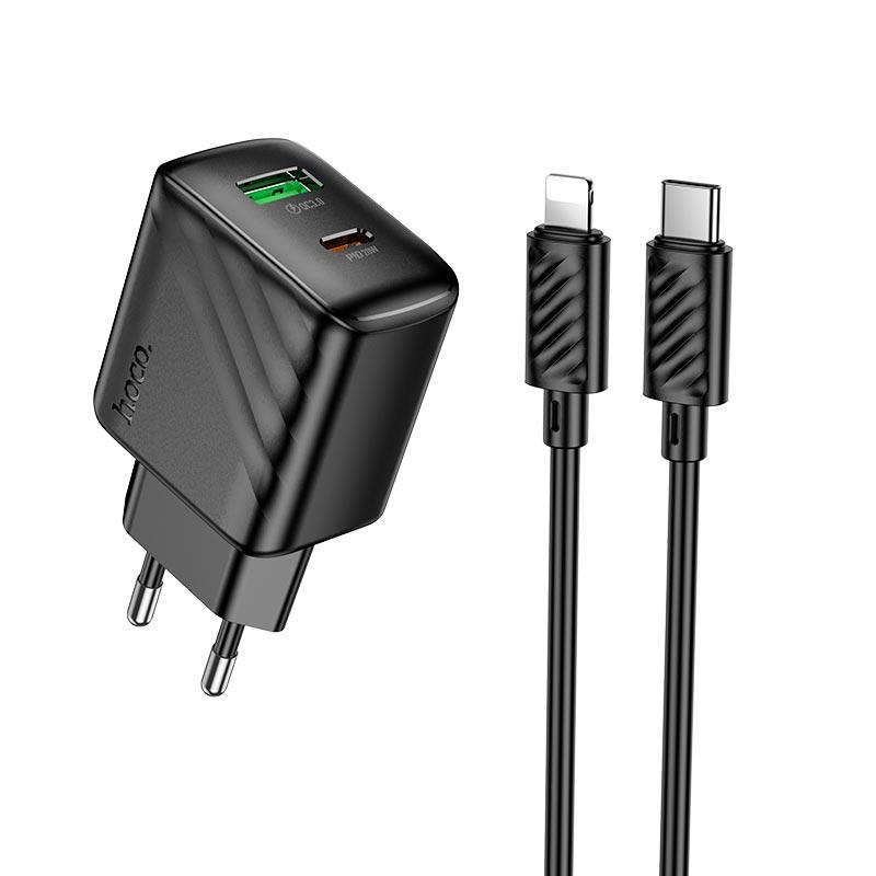 Адаптер мережевий Hoco Type-C to Lightning Cable Rico charger set CS25A |1USB/1Type-C, 20W/3A| чорний