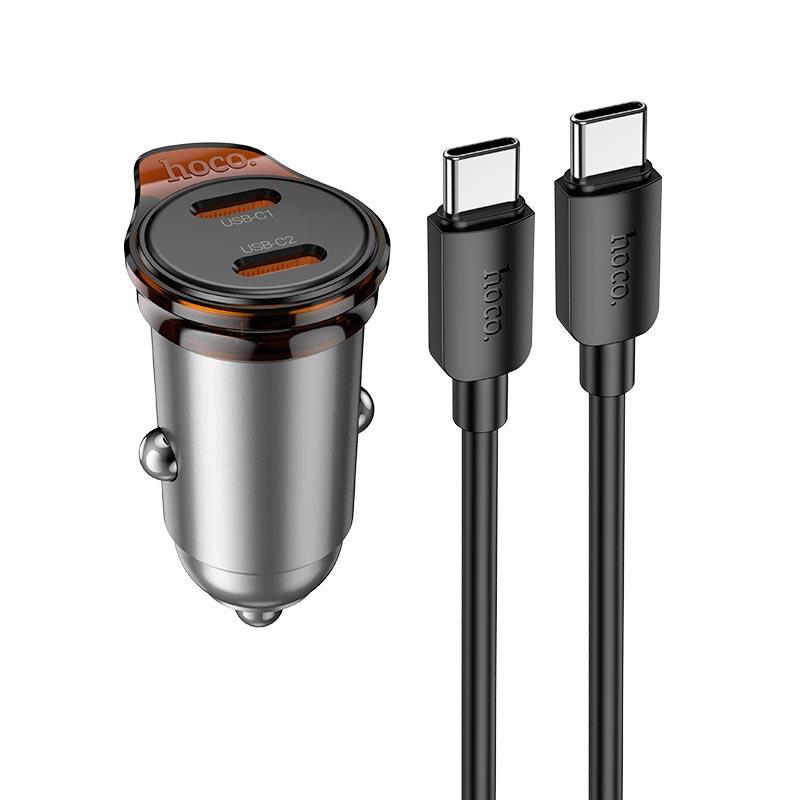 Адаптер автомобільний Hoco Rigorous port Car charger NZ16B (Type-C to Type-C set) |2Type-C, 45W/3A, PD25W/QC| сірий