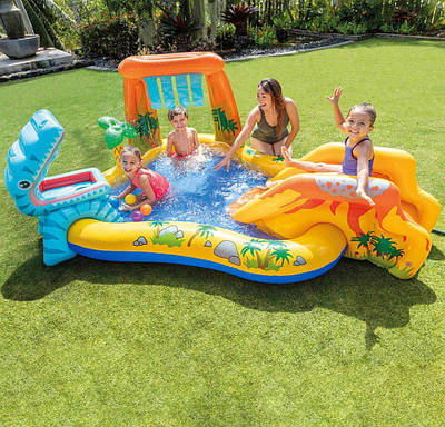 Надувний ігровий центр басейн Динозаврик дитині від 3 років 3в1 Фонтанчик Водна гірка 6 кульок 249х191х109 см