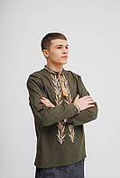 Чоловіча вишита сорочка лляна темно зелена з колосками пшениці гладью