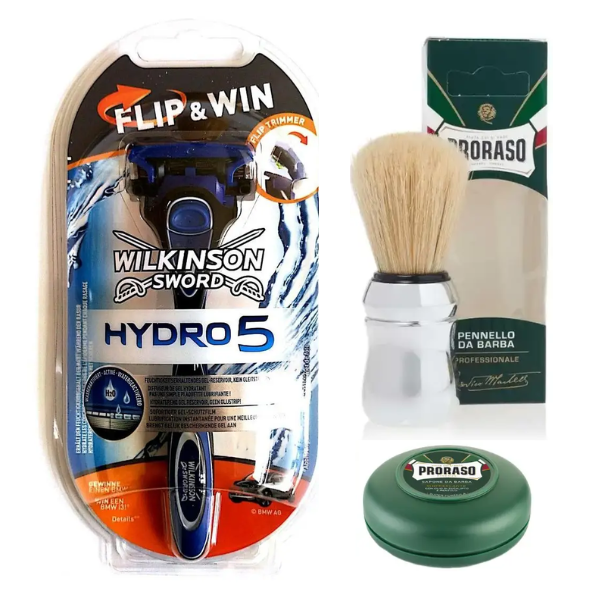 Чоловічий станок Wilkinson Sword Hydro 5 Flip&Win + Proraso пензлик для гоління професійний + тонізуюче мило для гоління 75 мл