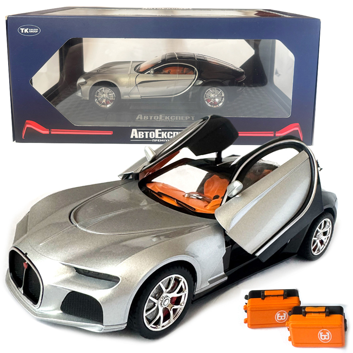Машинка металева Bugatti Atlantic срібно-чорна АвтоЕксперт 1:24 парогенерація світло звук 20*8,5*5,5 см (GT-70150)