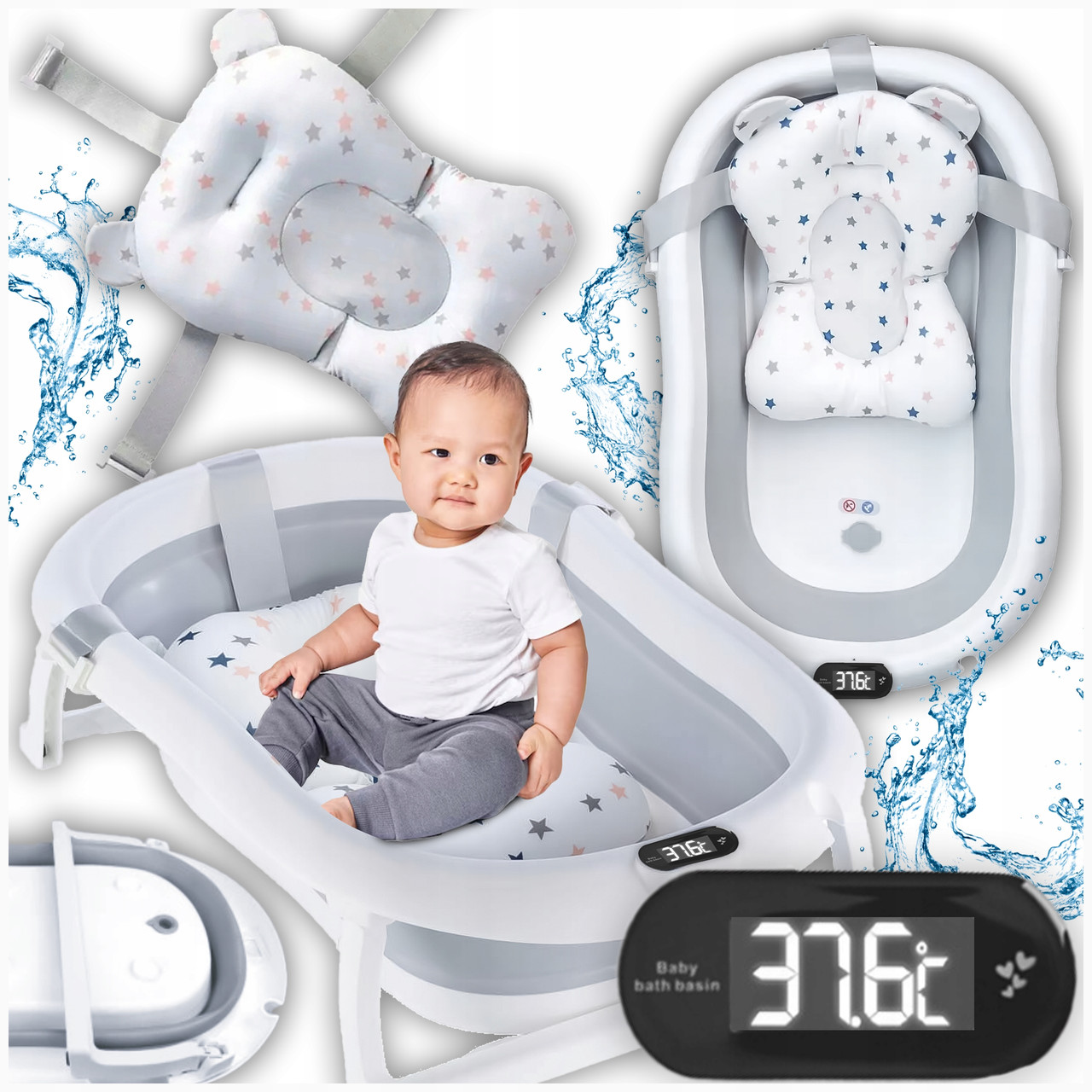 Дитяча ванночка складна з подушкою, термометром Kanzaa Grey, компактна і безпечна для малюків, фото 1