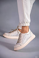 Шкіряні кеди бежеві жіночі з вставками текстиль легкі