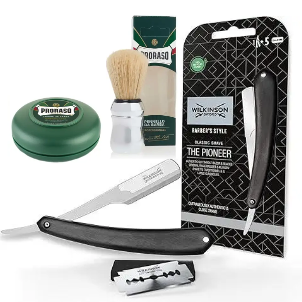 Небезпечна бритва Wilkinson Sword Barber's Style The Pioneer + 5 лез + Proraso пензлик для гоління + тонізуюче мило 75 мл