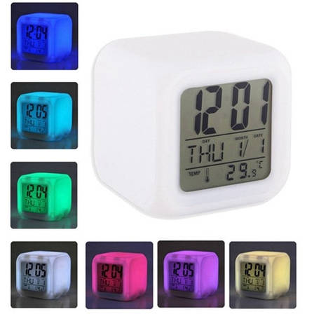 Цифровий настільний годинник на батарейках хамелеон 7 кольорів Glowing LED Color Change з термометром і будильником, фото 1