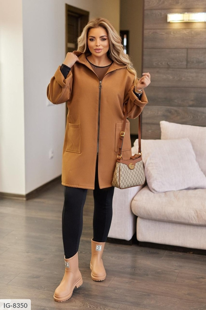 Жіноче пальто-кардиган кашемірове весняне зручне повсякденне на блискавці з капюшоном, вільний арт 4378