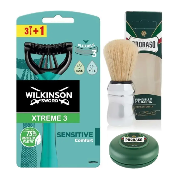 Чоловічі одноразові станки Wilkinson Sword Xtreme 3 Sensitive 3+1 + Proraso пензлик для гоління + тонізуюче мило 75 мл