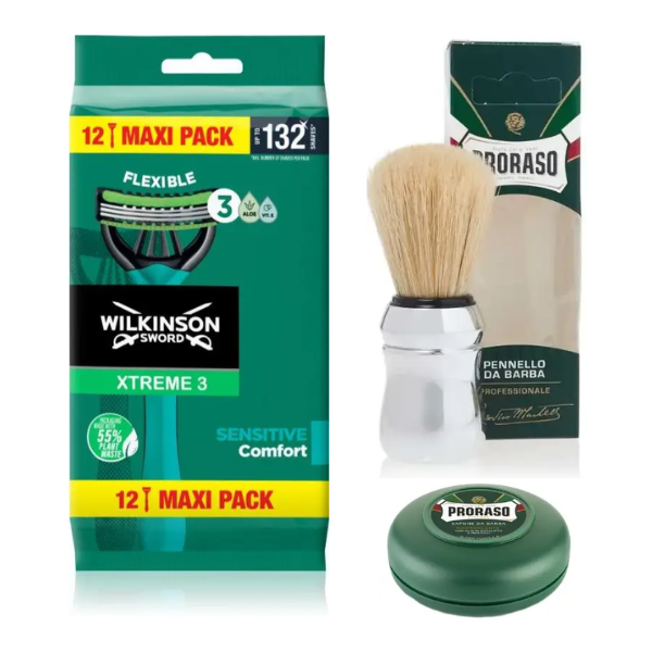 Одноразові станки Wilkinson Sword Xtreme 3 Sensitive (12 шт.) + Proraso пензлик для гоління + тонізуюче мило 75 мл