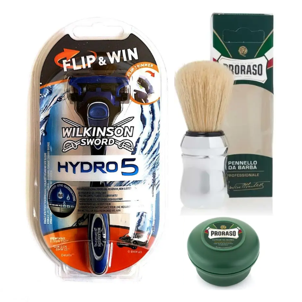Чоловічий станок Wilkinson Sword Hydro 5 Flip&Win + Proraso помазок + тонізуюче мило 150 мл
