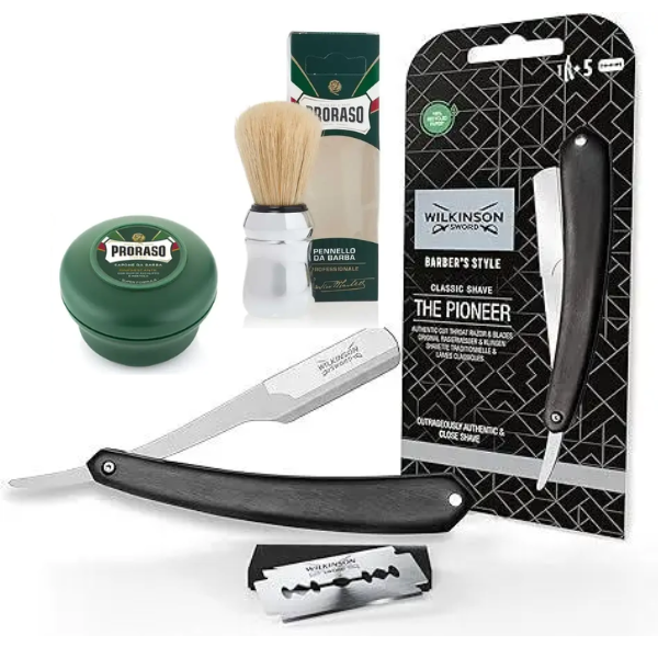 Небезпечна бритва Wilkinson Sword Barber's Style The Pioneer + 5 лез + Proraso помазок + тонізуюче мило 150 мл