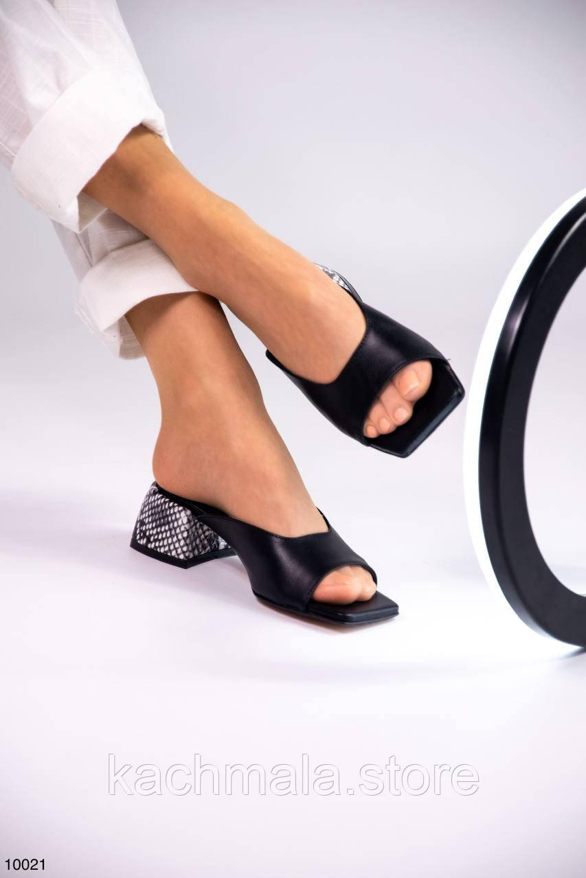 Шлепанці жіночі чорні на підборі шкіряні, фото 1