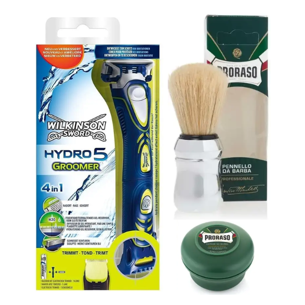 Станок для гоління 1 касета Wilkinson Sword HYDRO 5 Groomer + Proraso помазок + Мило для жорсткої щетини 150 мл