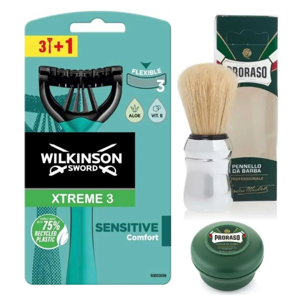 Чоловічі одноразові станки Wilkinson Sword Xtreme 3 Sensitive 3+1 + Proraso помазок + Мило для жорсткої щетини 150 мл