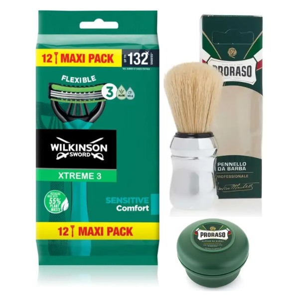 Одноразові станки Wilkinson Sword Xtreme 3 Sensitive (12 шт.) + Proraso помазок + Мило для жорсткої щетини 150 мл