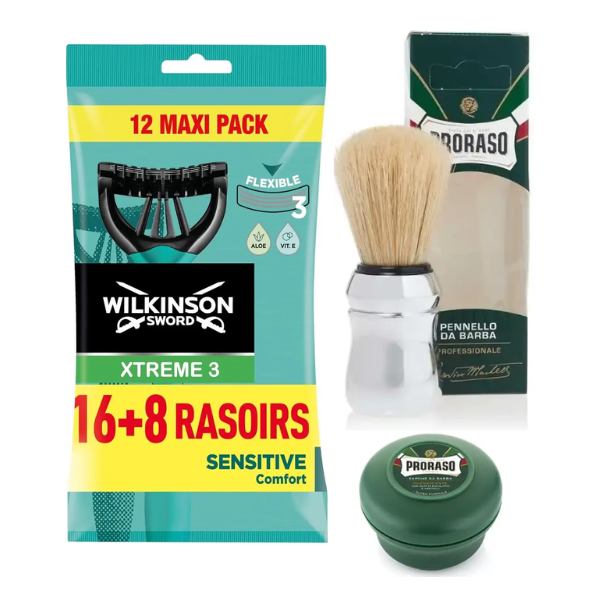 Одноразові станки Wilkinson Sword Xtreme 3 Sensitive (16+8 шт.) + Proraso помазок + тонізуюче мило 150 мл
