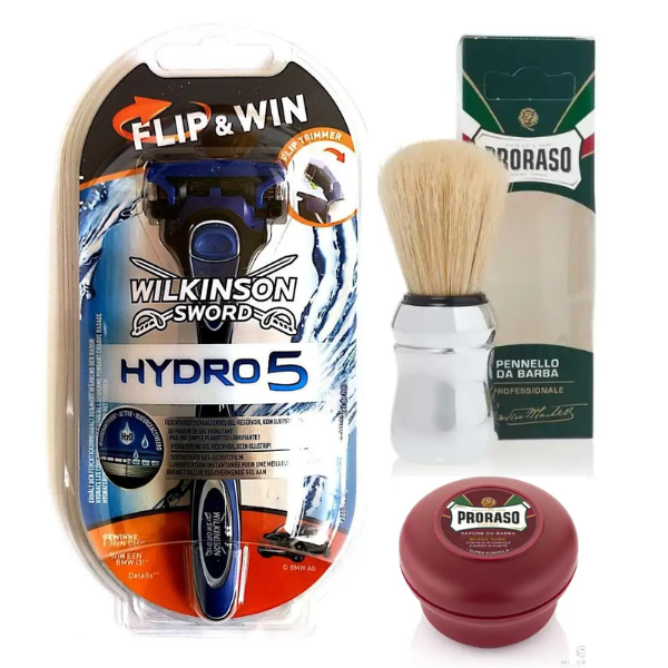 Станок Wilkinson Sword Hydro 5 Flip&Win + Proraso помазок професійний + Мило для гоління Proraso для жорсткої щетини 150 мл