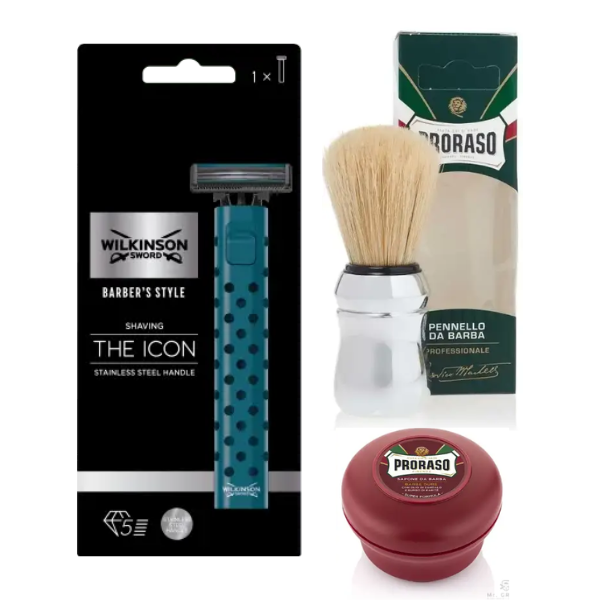 Станок для гоління Wilkinson Sword Barber's Style The Icon + Proraso помазок + Мило для гоління для жорсткої щетини 150 мл