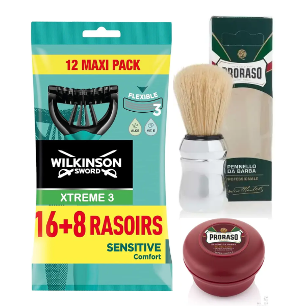 Одноразові станки Wilkinson Sword Xtreme 3 Sensitive (16+8 шт.) + Proraso помазок + Мило для жорсткої щетини 150 мл