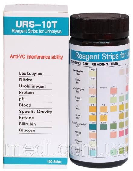 Смужки для аналізу сечі 10 (LEU, NIT, URO, PRO, pH, BLO, SG, KET, BIL, GLU) Assure Tech URS-10T, 1 уп.