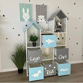 Стелажі для дитячих іграшок Будиночок 6 ящиків 10 осередків Колір сірий та блакитни