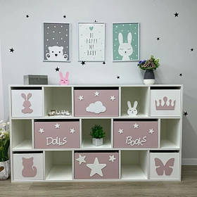 Стелажі для дитячих іграшок, 8 ящиків, 15 осередків. Білий з рожевим