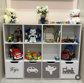 Стелаж для дитячих іграшок і книг на 12 клітинок (білий з сірим)