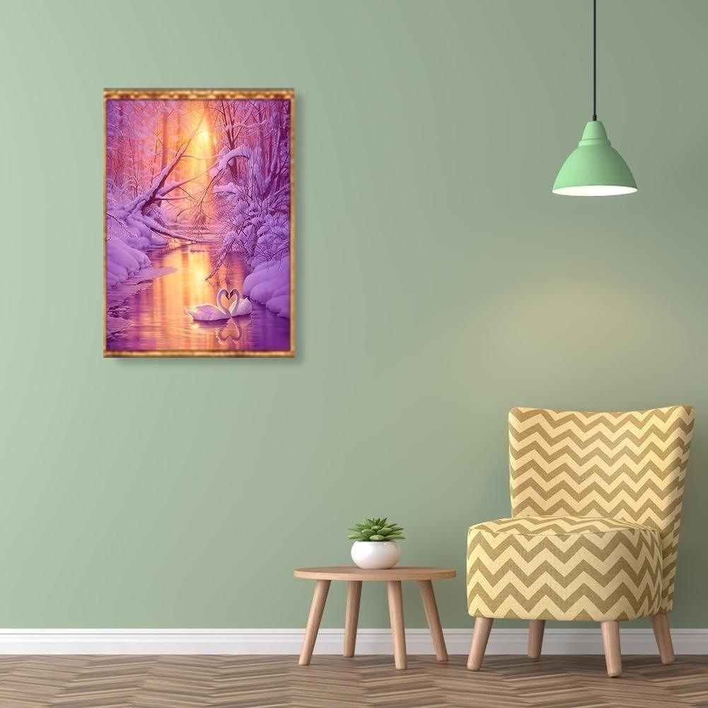 Алмазна мозаїка "Лебеді взимку", картина стразами.  20*30 см