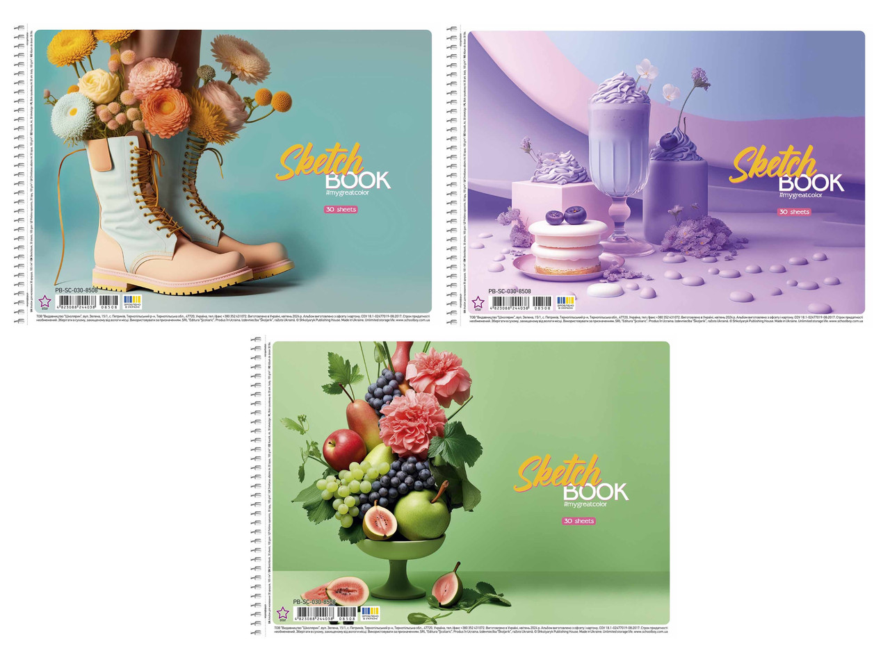 Альбом для малювання А4 30 арк спіраль 100 г/м2 УФ лак 8508 STAR Асорті дів, фото 1