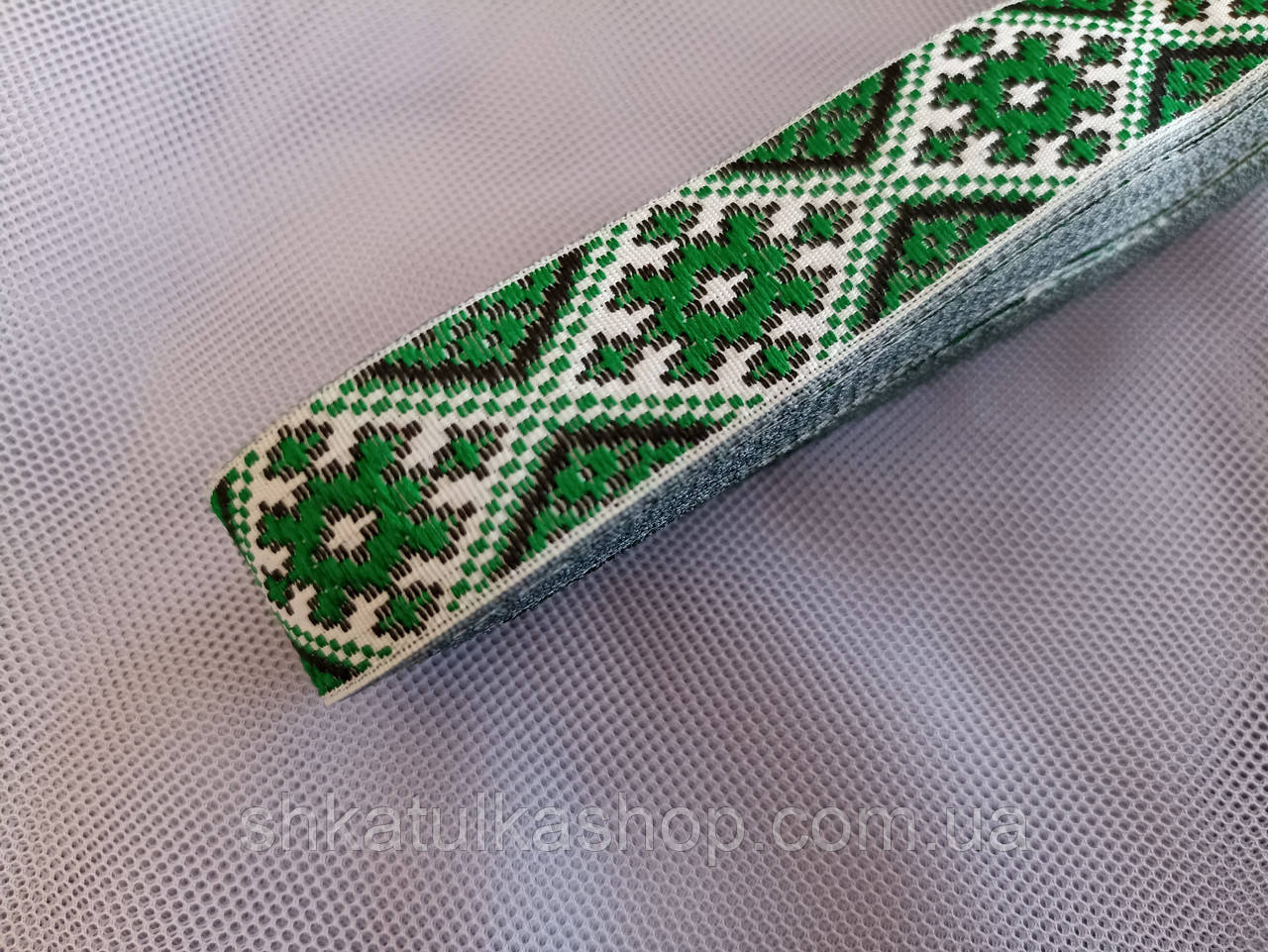 2см Тасьма національна з орнаментом зелена з білим, фото 1