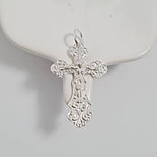 Хрестик срібний з об'ємним розп'яттям і написом Спаси і Збережи з орнаментом