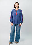 Вишиванка жіноча зі штапелю з довгим рукавом "Квітучий сад" індиго, фото 4