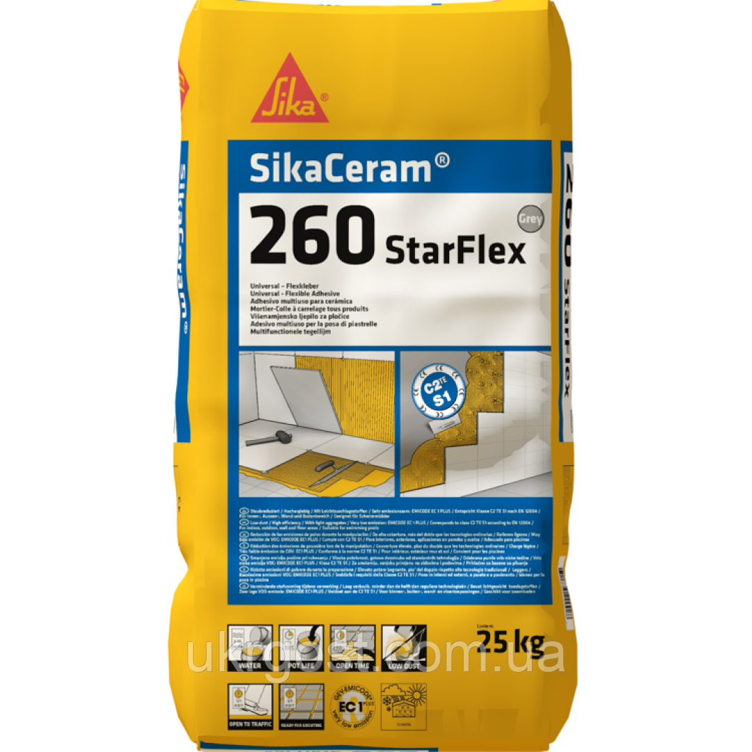 Клей для плитки/каменю/мозаїки еластичний SikaCeram-260 StarFlex C2TES1 Білий 25 кг (496589)