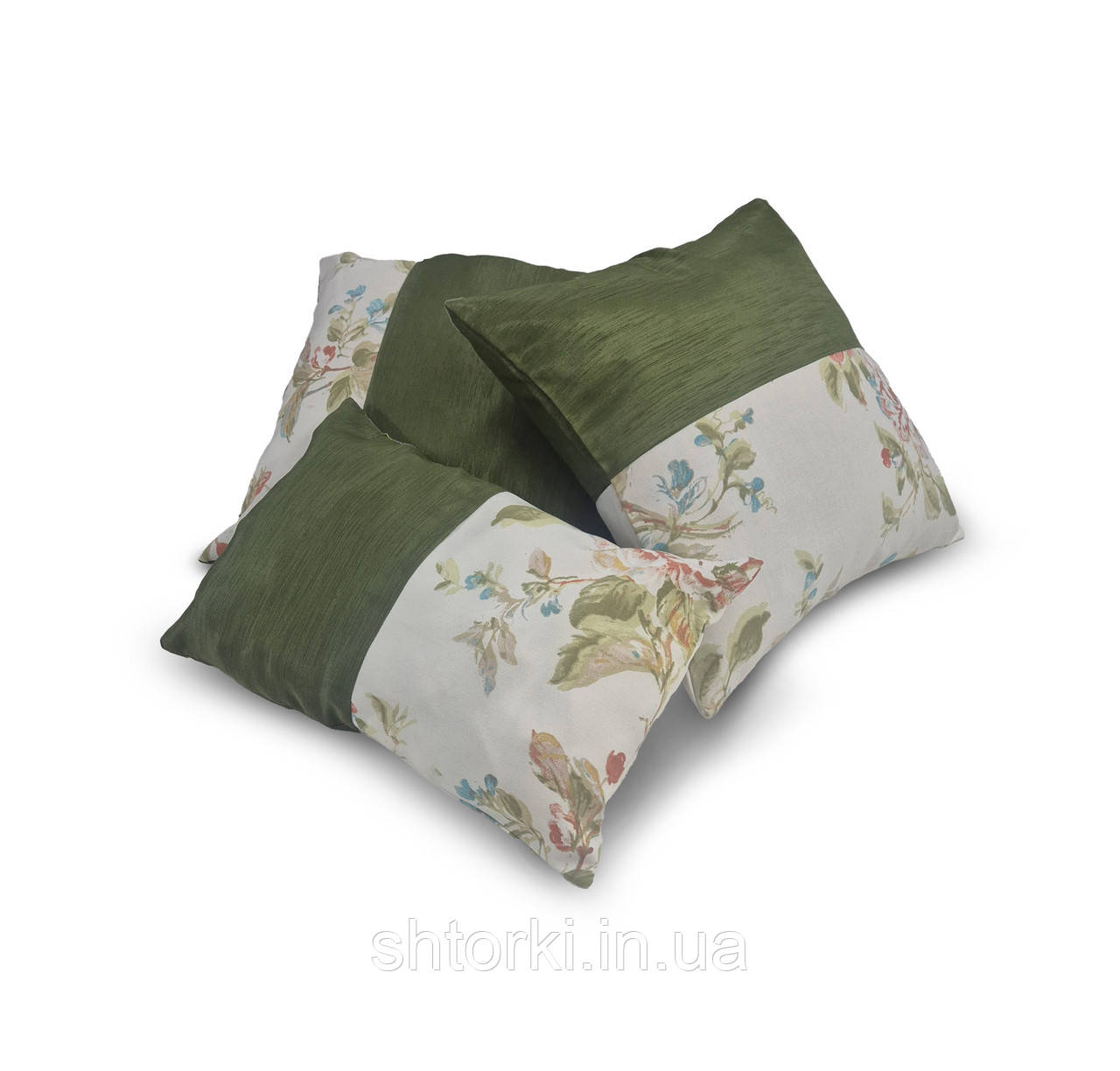 Комплект декоративних подушок Firanka Flowers 39х39см 2шт, 41х27см 1шт молочні із зеленим (п_0760)