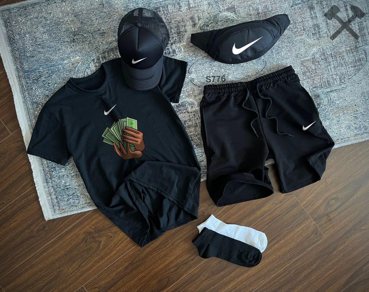 Чоловічий літній костюм Nike Футболка + Шорти + Кепка + Барсетка білий Комлпект Найк на літо