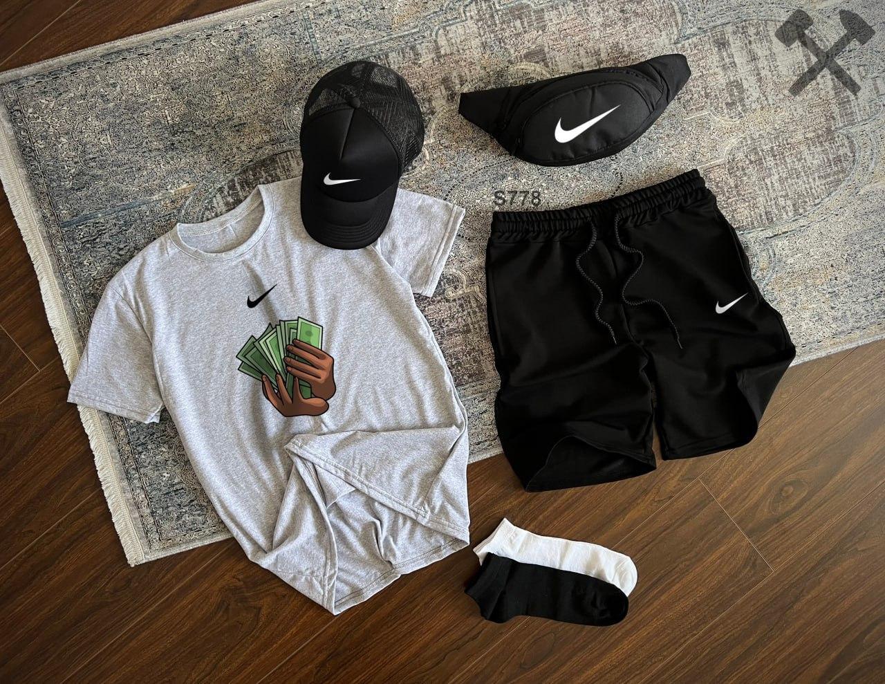 Чоловічий літній костюм Nike Футболка + Шорти + Кепка + Барсетка сірий Комлпект Найк на літо